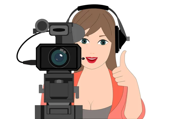 Όμορφη νεαρή γυναίκα με επαγγελματική βιντεοκάμερα και headpho — Διανυσματικό Αρχείο