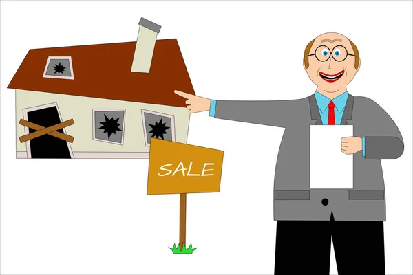 Fastighetsmäklare framför ett hus att sälja — Stock vektor