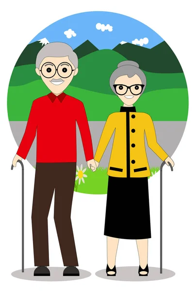 Pareja mayor con bastón. Ilustración vectorial — Vector de stock