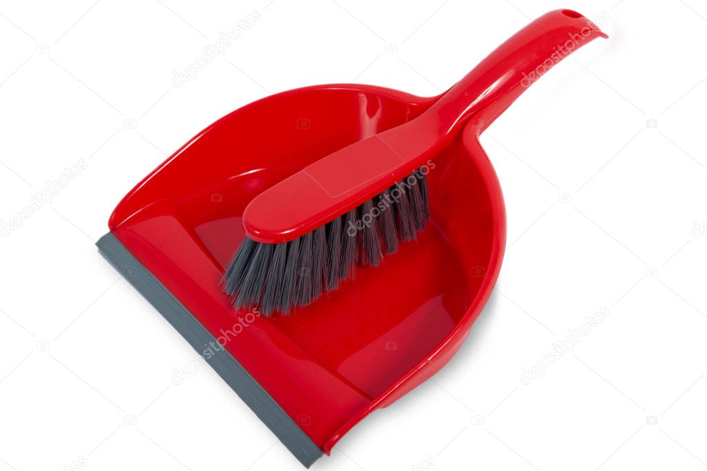 red dustpan and brush isolated on white background