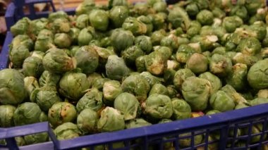 fresh raw brussels sprouts and green salad on the market