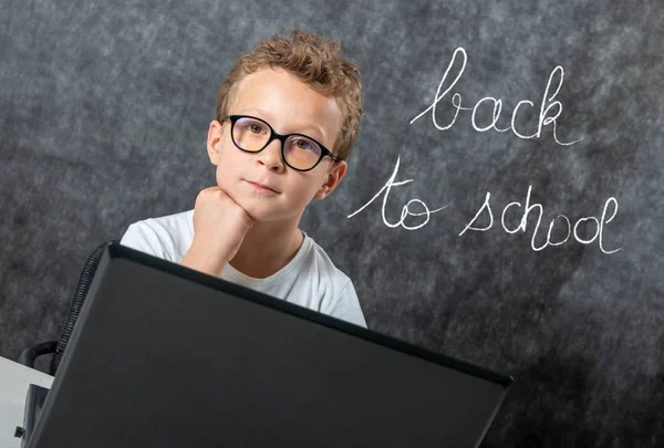 Serious boy sitting with laptop computer — Stock Photo, Image