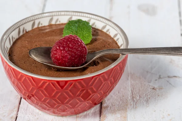 Homemade Chocolate Mousse Fresh Raspberry — Stock Photo, Image