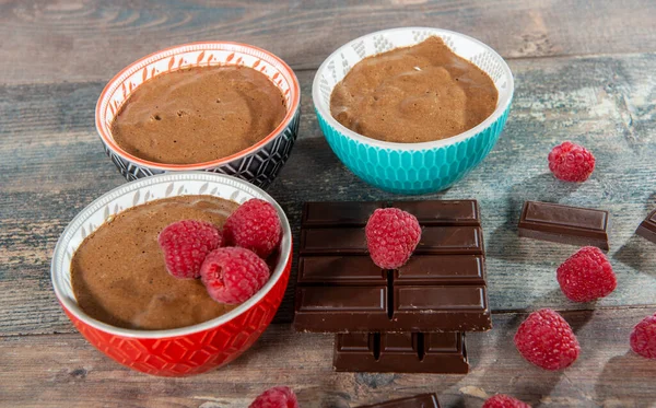 Three Bowls Delicious Homemade Chocolate Mousse — Stock Photo, Image