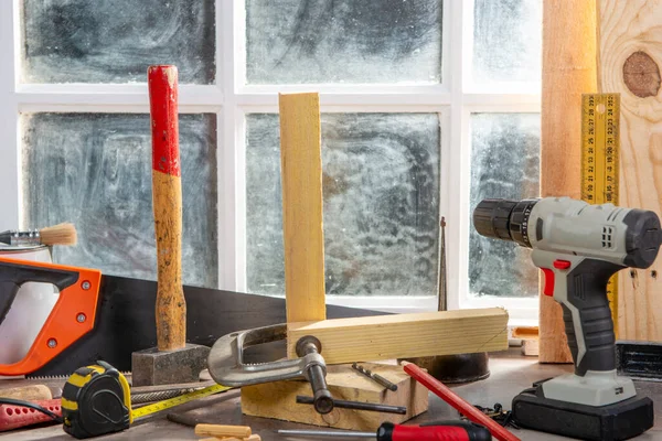 Some Tools Carpenter Workshop Window — Stock Photo, Image