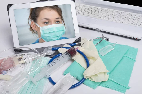 Computer Tablet Nurse Different Medicals Instruments — Stock Photo, Image