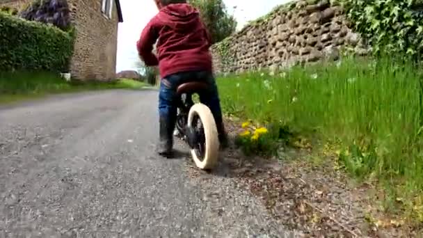 Vista Trasera Niño Pequeño Montando Bicicleta Equilibrio Cámara Lenta — Vídeo de stock