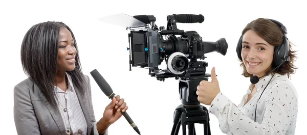 Two Beautiful Reporter Women Camera Microphone — Stock Photo, Image