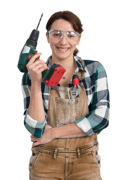 Pretty Young Smiling Woman Holding Cordless Drill — Stock Photo, Image