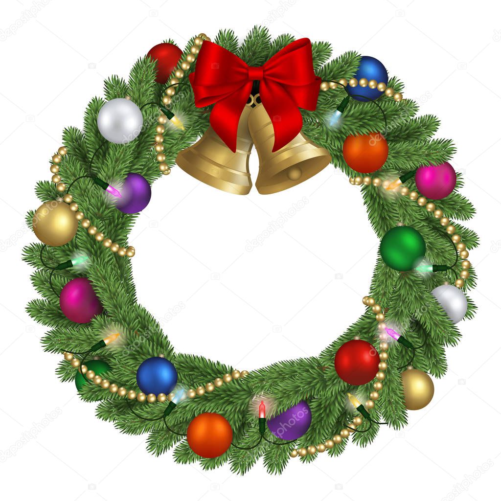 christmas pine wreath with decorations and colorful lights