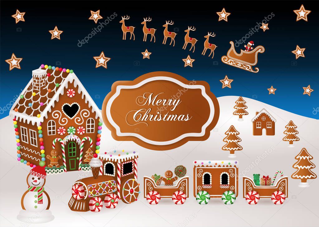 christmas background with gingerbread house, gingerbread train,  gingerbread sled and christmas candies