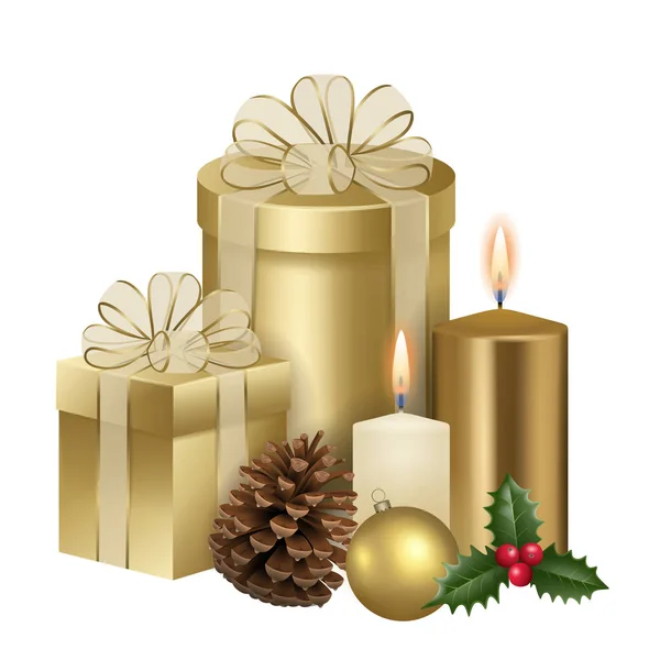 Goldene Geschenkboxen Und Kerzen Für Weihnachtskarten — Stockvektor