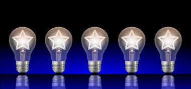 Yanık yıldızlı beş ampul. Resim konseptini sıralama veya derecelendirme