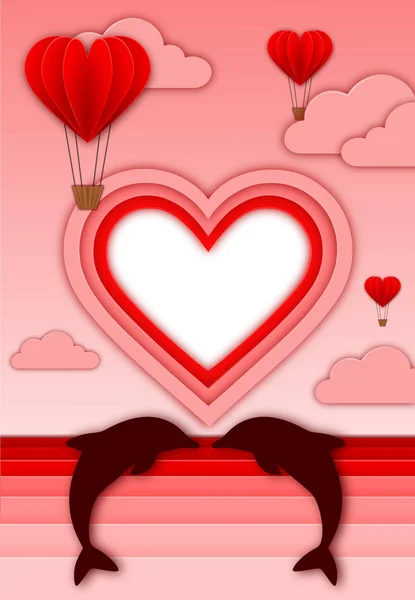 Valentine Day Card Heart Shaped Hot Hair Balloons Clouds Dolphins — 스톡 벡터