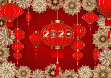 Altın çiçekli ve kırmızı fenerli Çin Yeni Yıl arkaplanı