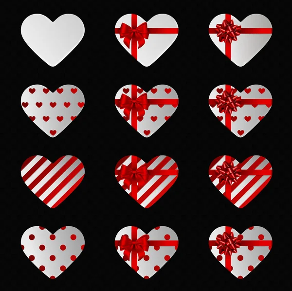 Set Witte Hartvormige Geschenkdozen Met Rood Strikje Lint Voor Valentijnsdag — Stockvector