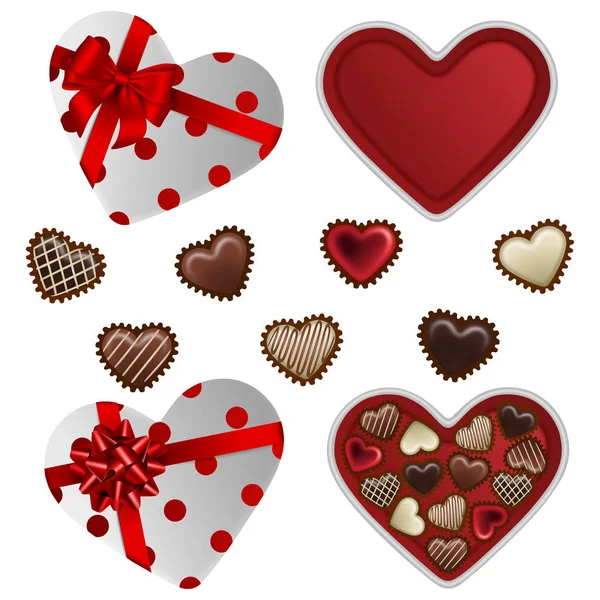 Sevgililer günü için izole edilmiş beyaz kalp şeklinde kutular ve çikolatalar.