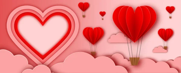 Valentinstag Banner Mit Herzförmigen Heißluftballons Wolken Und Herzrahmen Scherenschnitt Stil — Stockvektor