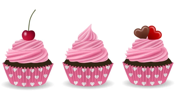 Set Cupcake Rosa Con Ciliegia Cuori San Valentino — Vettoriale Stock