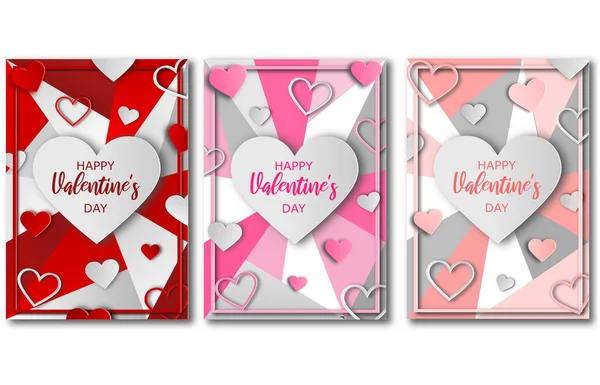 Set Valentijnskaarten Met Hartjes Papercut Stijl — Stockvector
