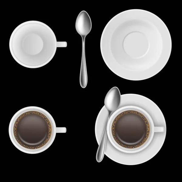 Odizolowany Kubek Kawy Espresso Pusta Filiżanka Łyżka Spodek — Wektor stockowy
