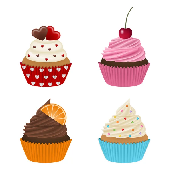 Set Cupcakes Different Decorations — Stock Vector