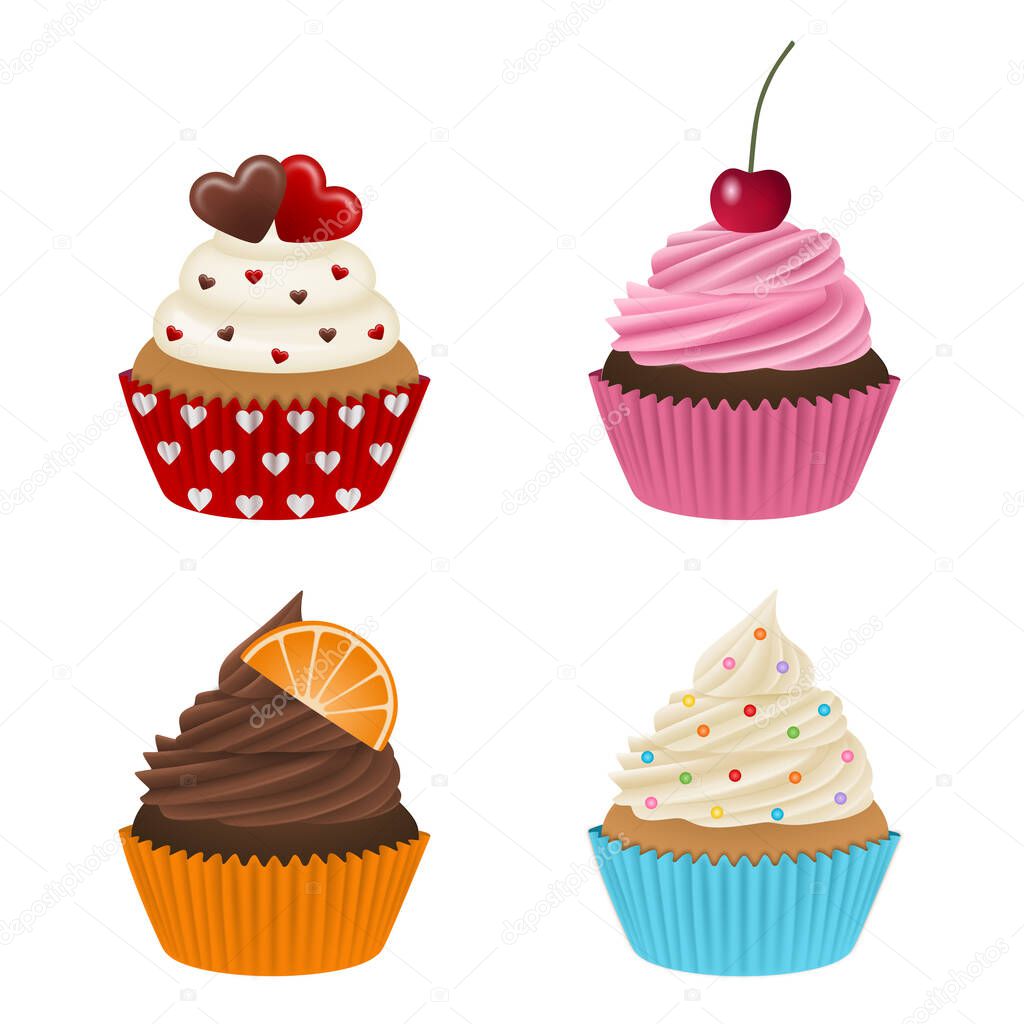 set of cupcakes with different decorations