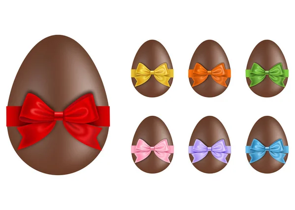 Ensemble Oeufs Chocolat Avec Des Noeuds Des Rubans Colorés — Image vectorielle