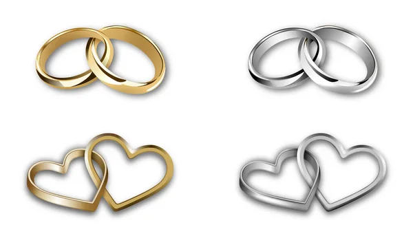 Set Gold Silver Wedding Rings Heart Shaped Shaped Rings — Stock Vector