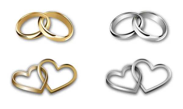 Conjunto Anillos Bodas Oro Plata Anillos Forma Corazón Redondos — Vector de stock