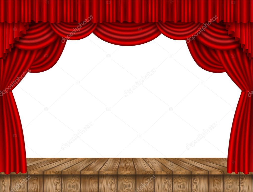 red curtain and wooden stage on white background