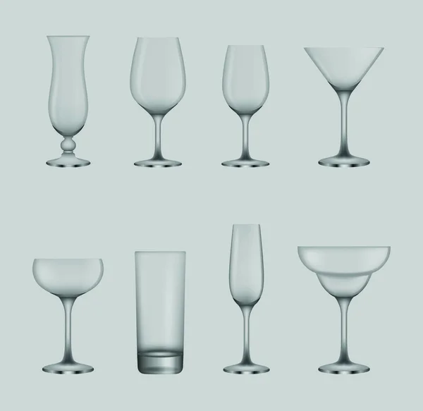 一套透明的鸡尾酒和酒杯 — 图库矢量图片