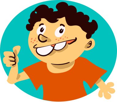 mutlu bir çocukluk ok işareti karikatür, tek bir çocuk onun el karikatür tarzı vektör çizim ile ok işareti gösterir