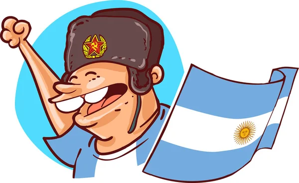 阿根廷支持者用 Ushanka 帽子和国旗俄罗斯2018世界杯足球迷卡通风格矢量插画阿根廷国家队球迷 — 图库矢量图片