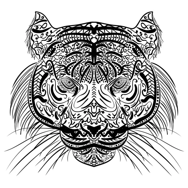 Bosquejo de cabeza de tigre blanco y negro Zen-tangle — Vector de stock