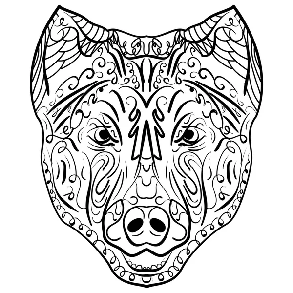 Szkic czarno-biały pies głowy Zen splot — Wektor stockowy