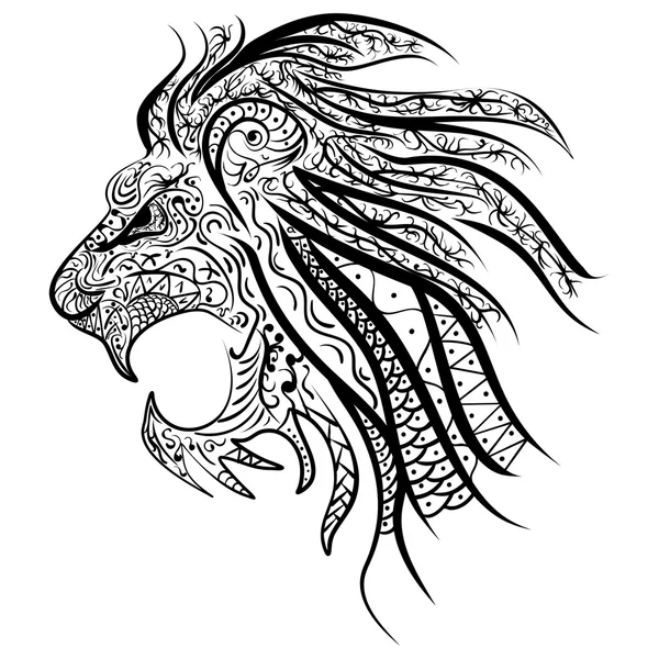 Cabeza de león pintado ornamento étnico tribal. Diseño africano. León dibujado a mano — Vector de stock