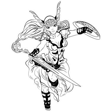 siyah ve beyaz vektör çizim karikatür Valkyrie
