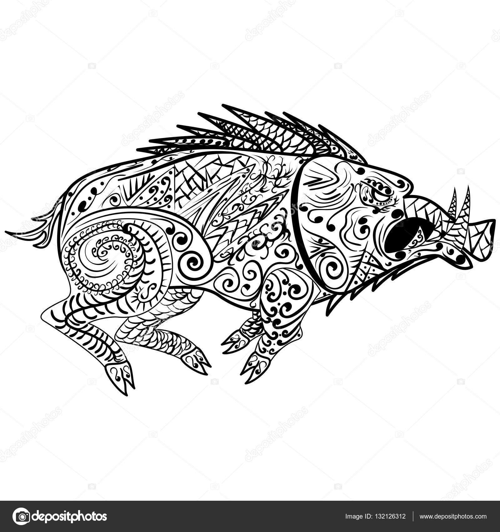 Stylisé sanglier razorback phacoch¨re porc porc isolé sur fond blanc Croquis   main levée pour adulte anti Coloriage stress livre page avec des