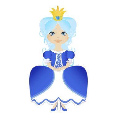 Bir kar Prenses Kraliçe mavi elbise ve taç vektör çizim