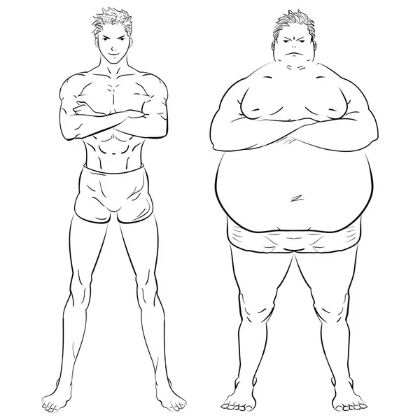 Deux hommes différents, gros, maigres et musclés. Illustration vectorielle de doodle dessinée à la main . — Image vectorielle