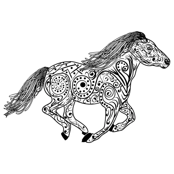 Handgezeichnetes Pferd. isoliert auf weiß. Anti Stress Malvorlagen Vektor monochrome Skizze. — Stockvektor