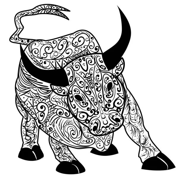 Bull contour décoratif dessiné à la main dans le style zentangle — Image vectorielle