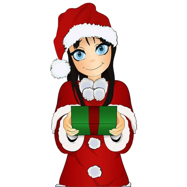 Linda chica de Navidad con regalo aislado en blanco — Vector de stock
