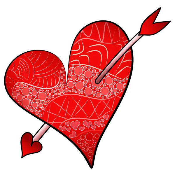 Красный День Святого Валентина детализированное сердце пронзило стрелу в стиле zentangle — стоковый вектор