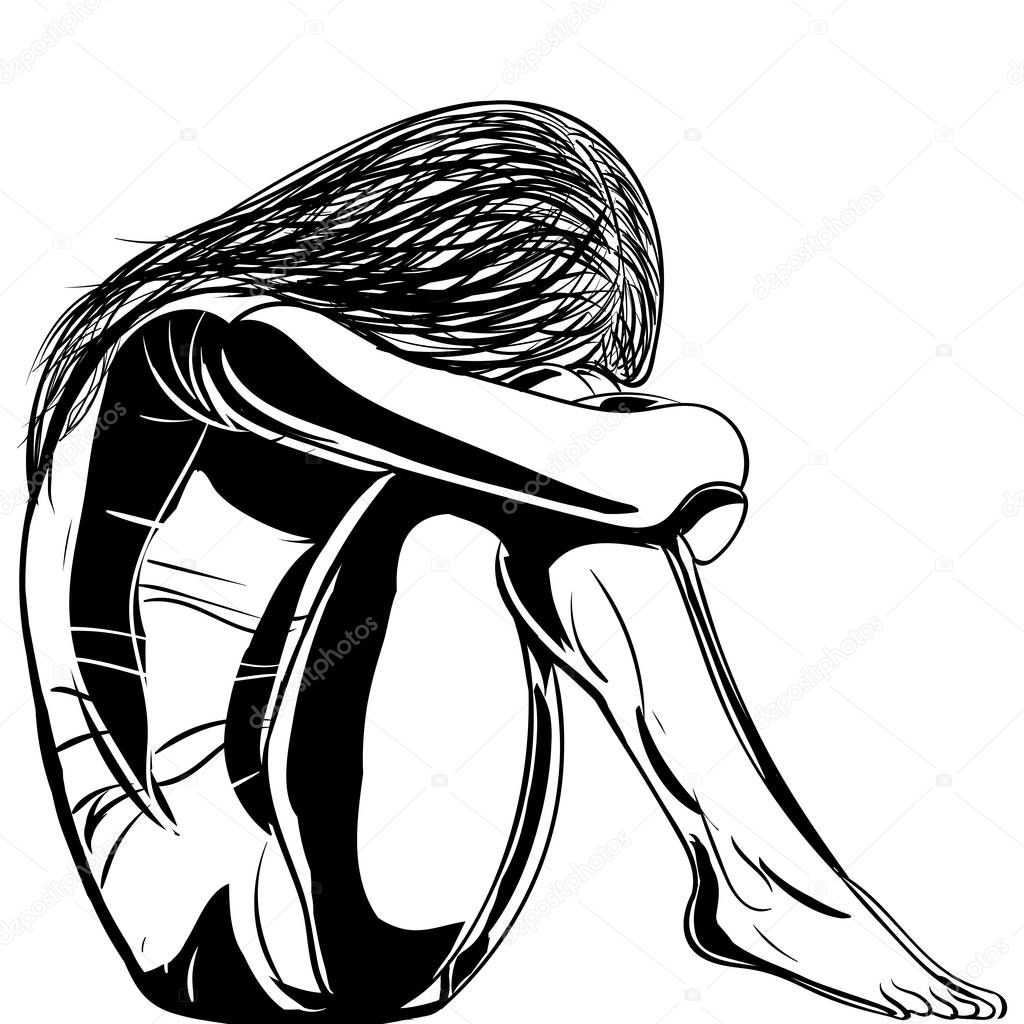 Sad girl sitting. Sad teenager girl with crossed arms and lonely expression