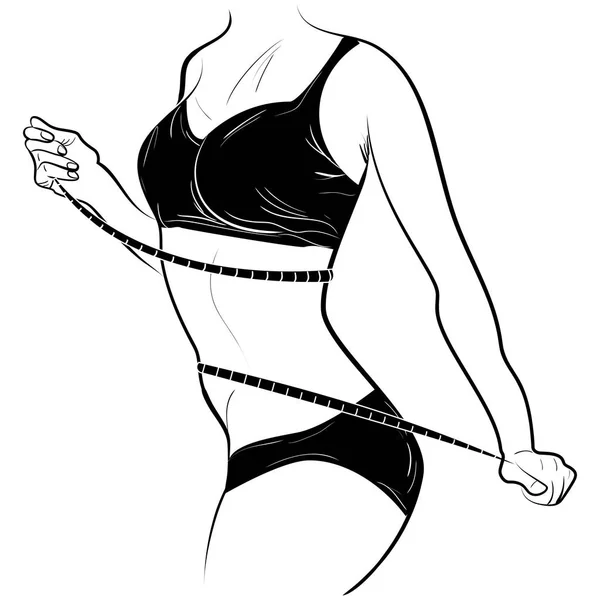 Joven hembra delgada mide la cintura con cinta adhesiva — Archivo Imágenes Vectoriales