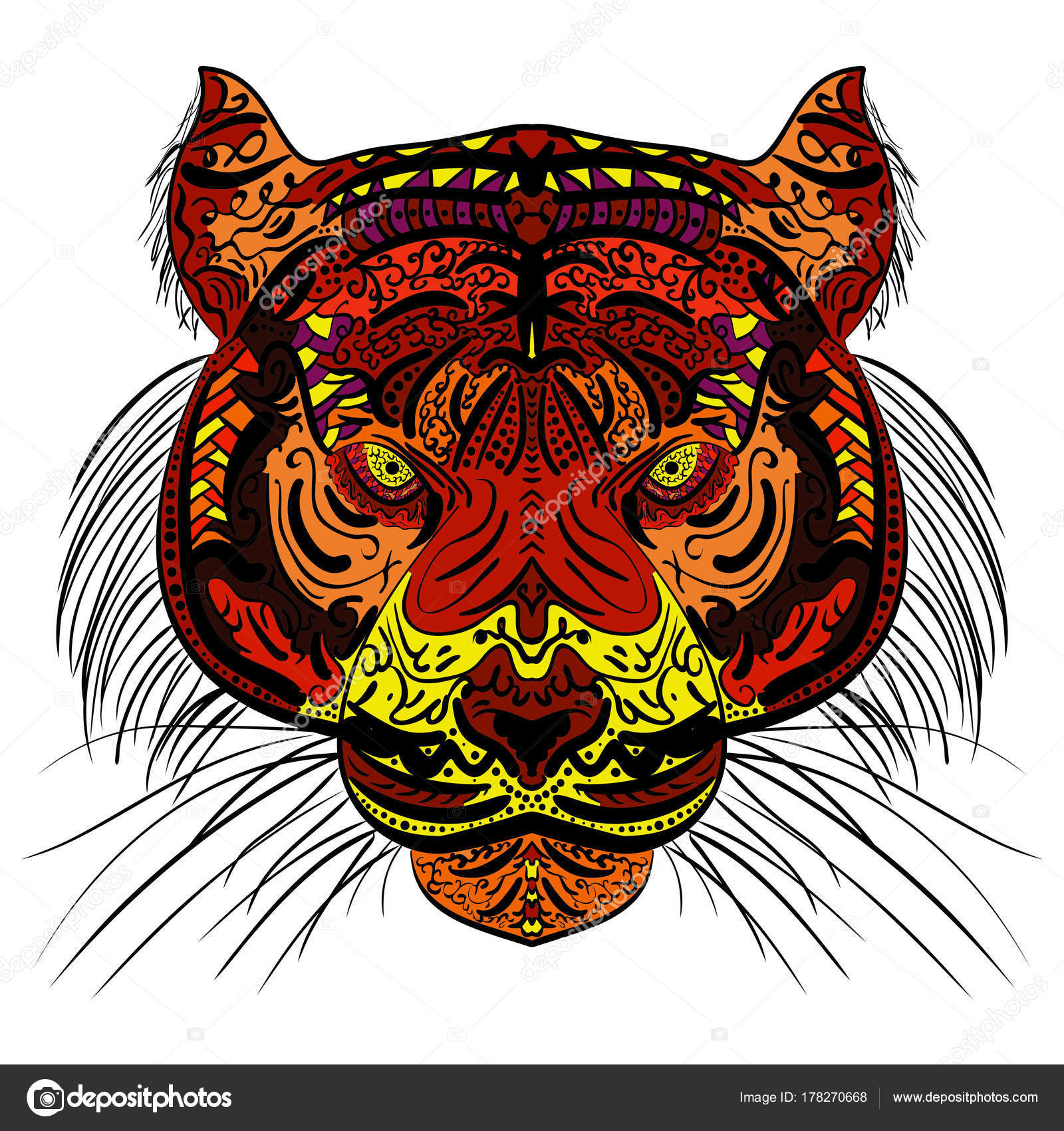Disegno di zentangle disegnato a mano colorata della testa della tigre — Vettoriale Stock
