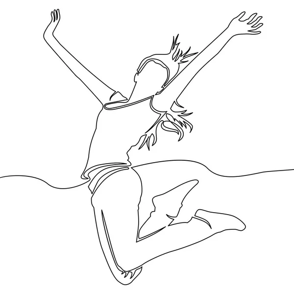 Kontinuerlig linje ritning av jublande hoppande kvinna — Stock vektor