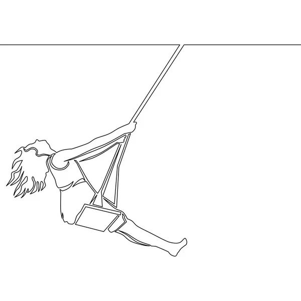 Línea continua de dibujo de la niña balanceándose en el columpio — Vector de stock